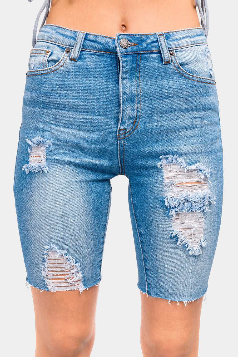 Distressed Skinny Denim Bermuda Shorts