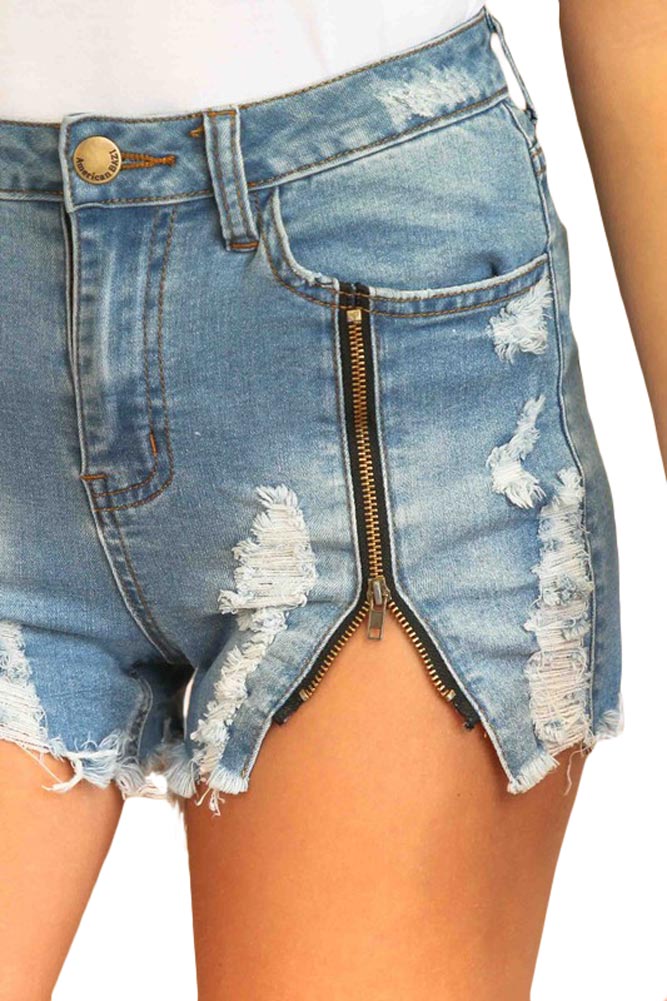 High Wasted Destroyed Zipper Shorts