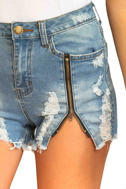 High Wasted Destroyed Zipper Shorts