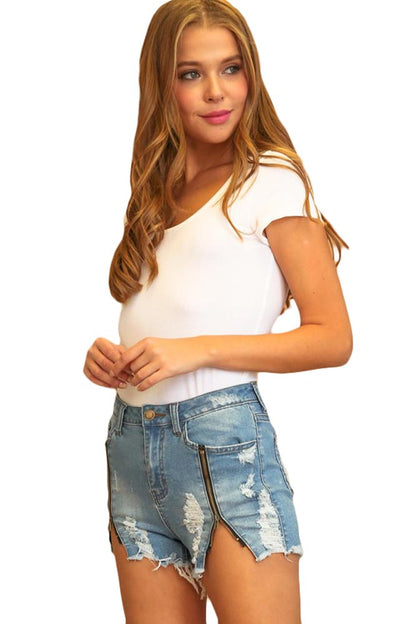 High Wasted Destroyed Zipper Shorts