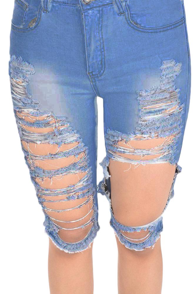 Women's Destroyed Denim Bermuda Shorts