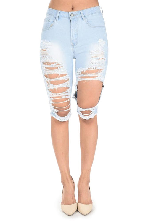 Women's Destroyed Denim Bermuda Shorts