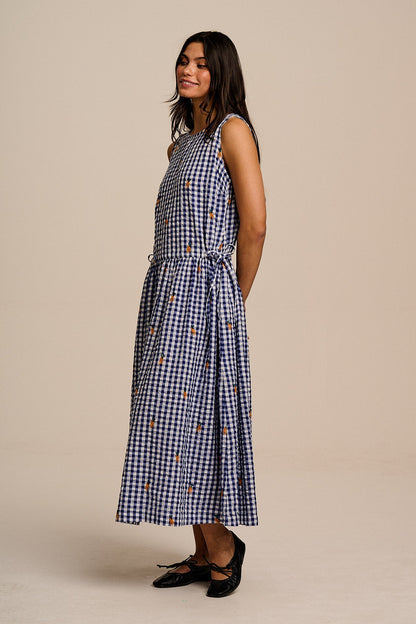 Sacha - Cotton Midi Dress in Gingham Carrot Embroidery