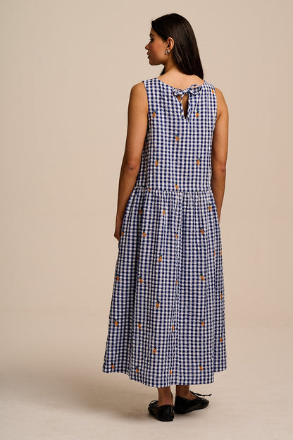 Sacha - Cotton Midi Dress in Gingham Carrot Embroidery