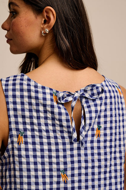 Sacha - Cotton Midi Dress in Gingham Carrot Embroidery