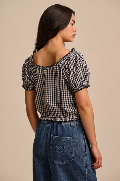 Sage - Cotton Puff Sleeve Blouse in Black & White Gingham