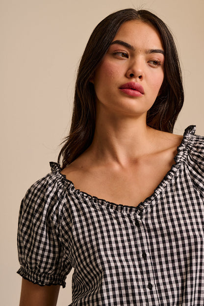 Sage - Cotton Puff Sleeve Blouse in Black & White Gingham