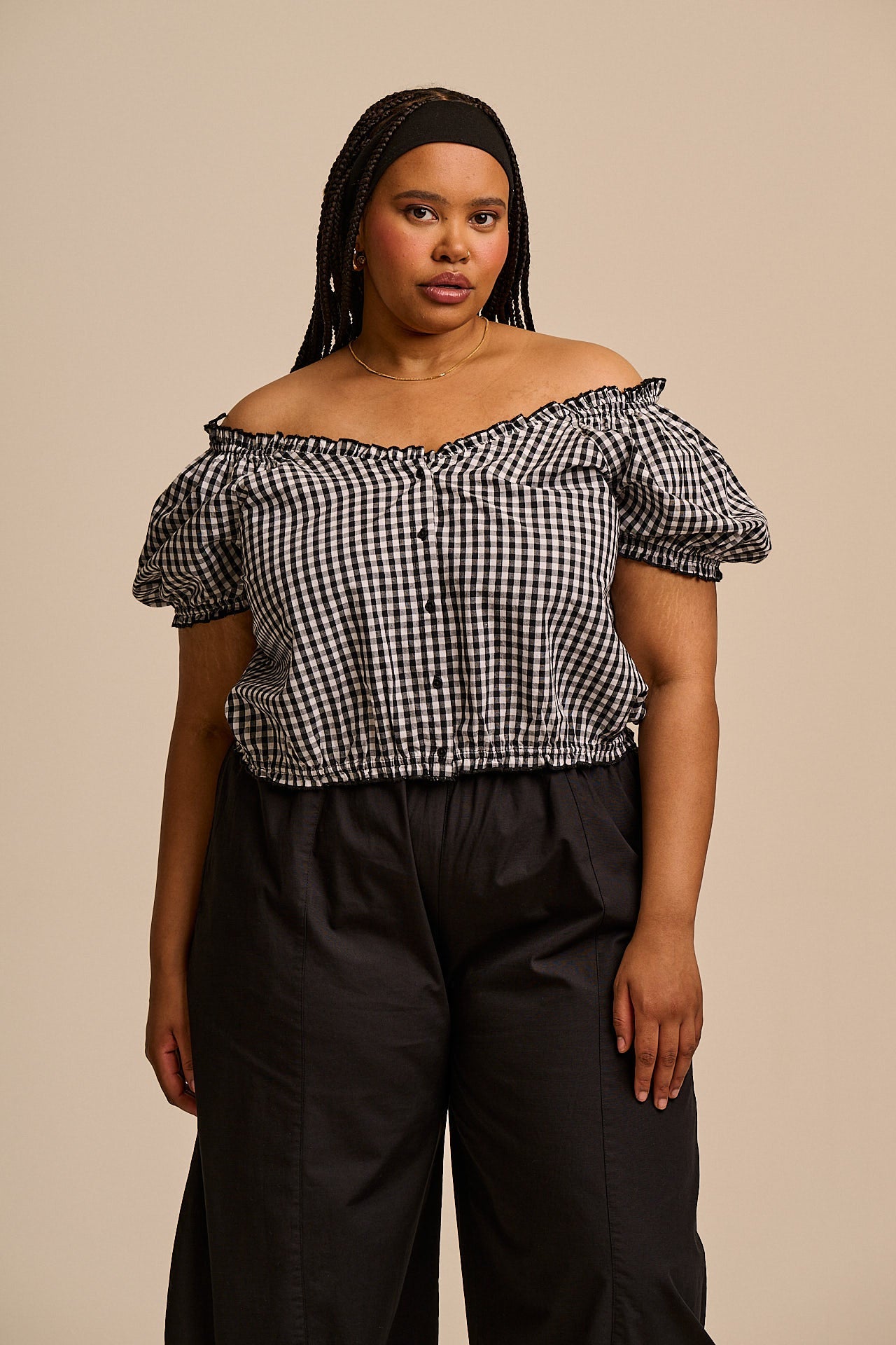 Sage - Cotton Puff Sleeve Blouse in Black & White Gingham