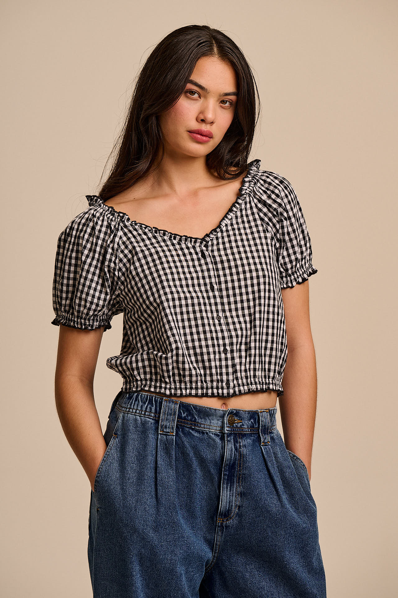 Sage - Cotton Puff Sleeve Blouse in Black & White Gingham