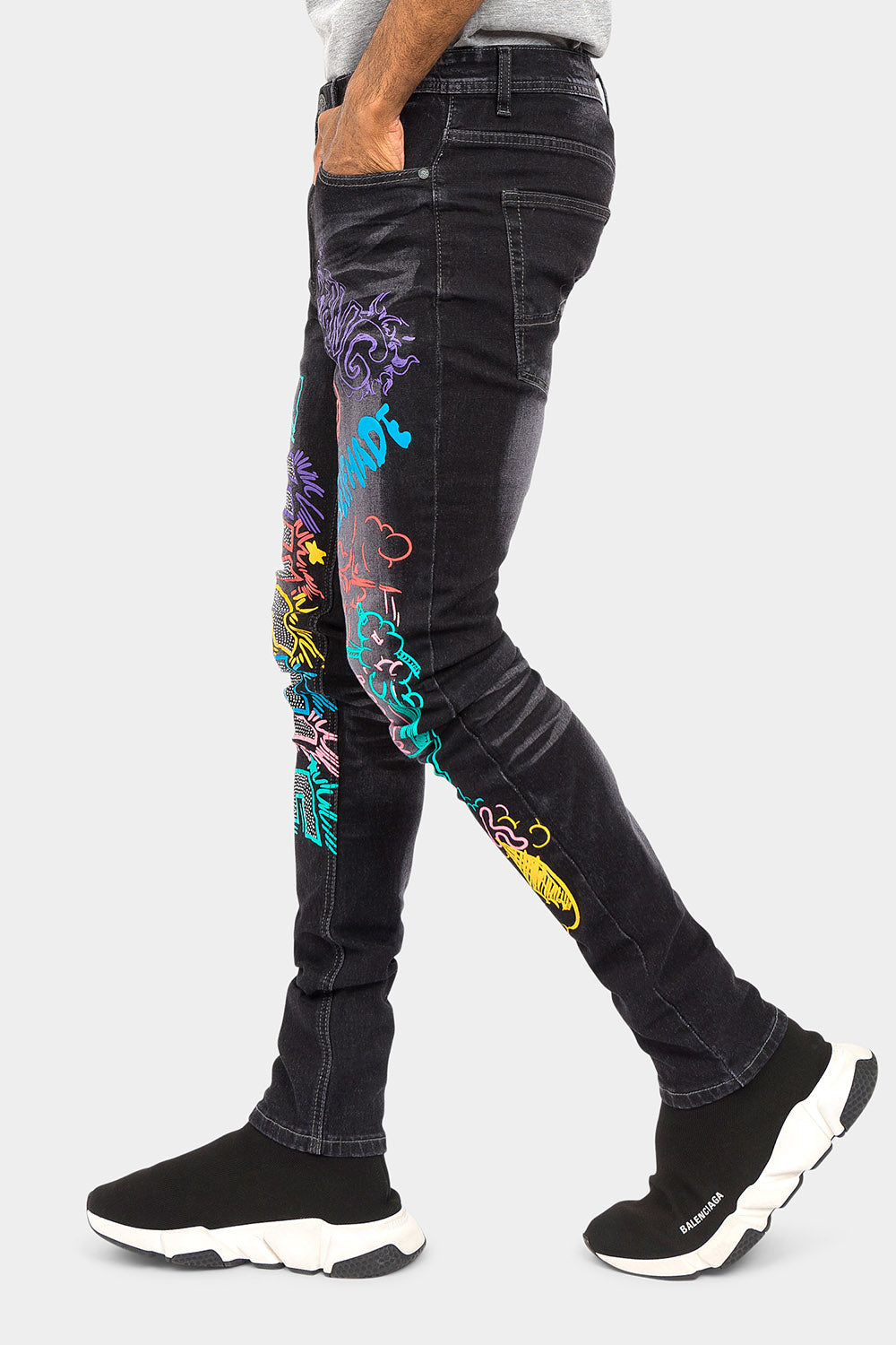 Graffiti Faded Washed Denim Jeans