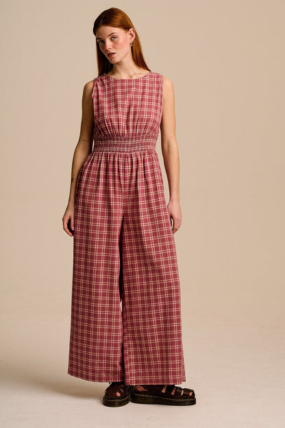 Simone - Cotton & Linen Jumpsuit in Maroon Deco Rose Check