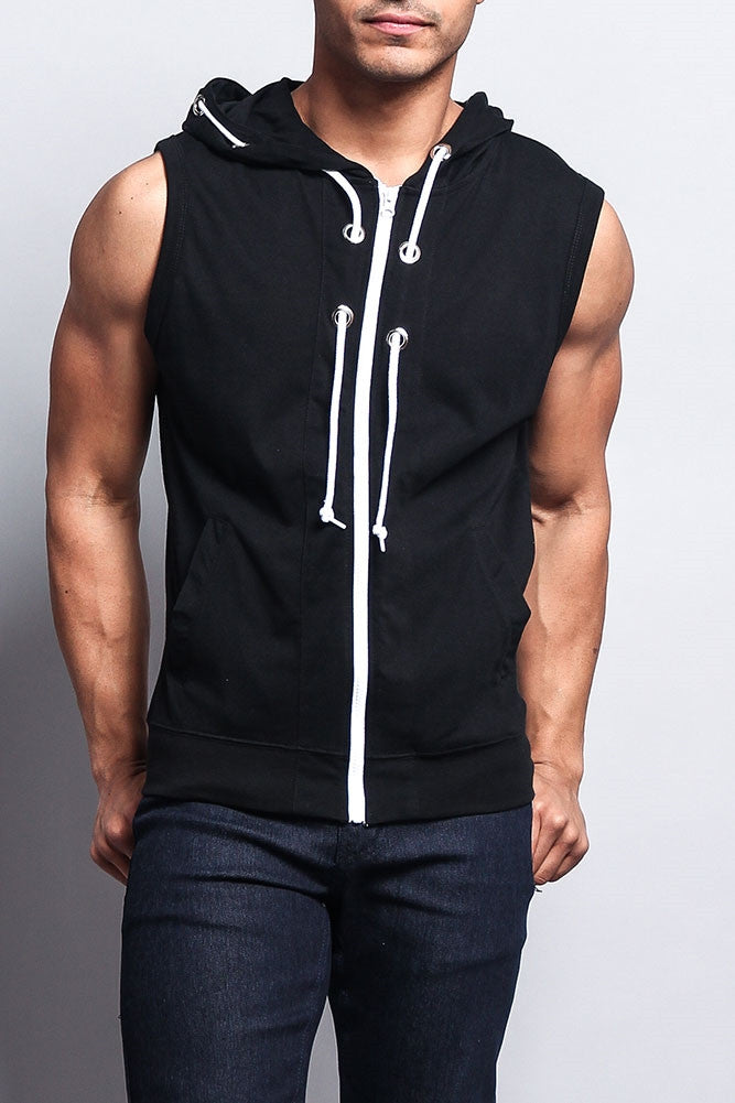 Eyelet Sleeveless Contrast Hoodie