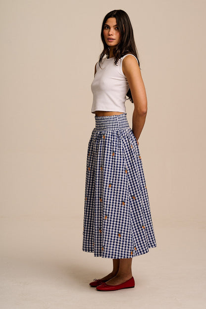 Sofiya - Midi Skirt in Gingham Carrot Embroidery