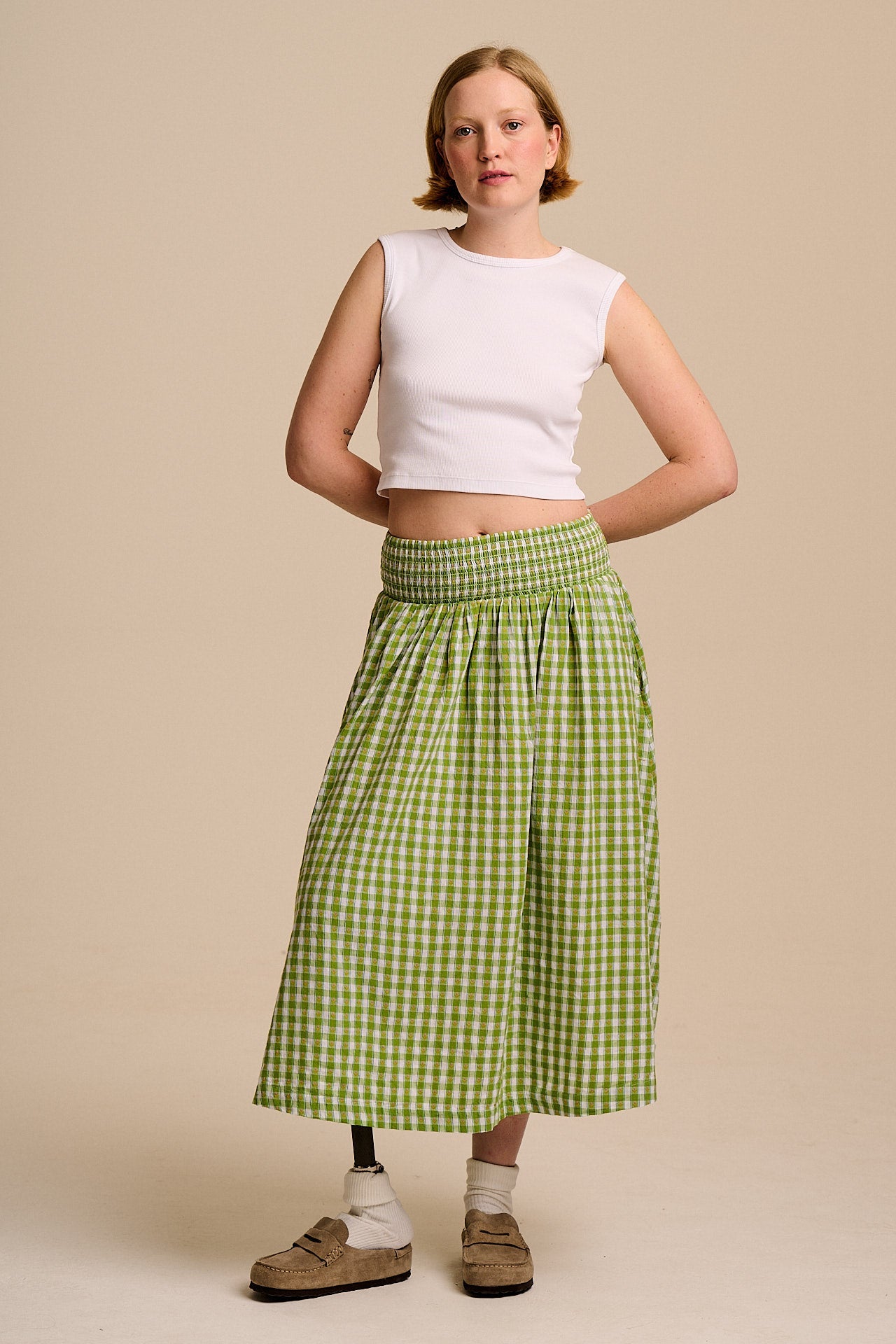 Sofiya - Midi Skirt in Green & White Tulip Gingham