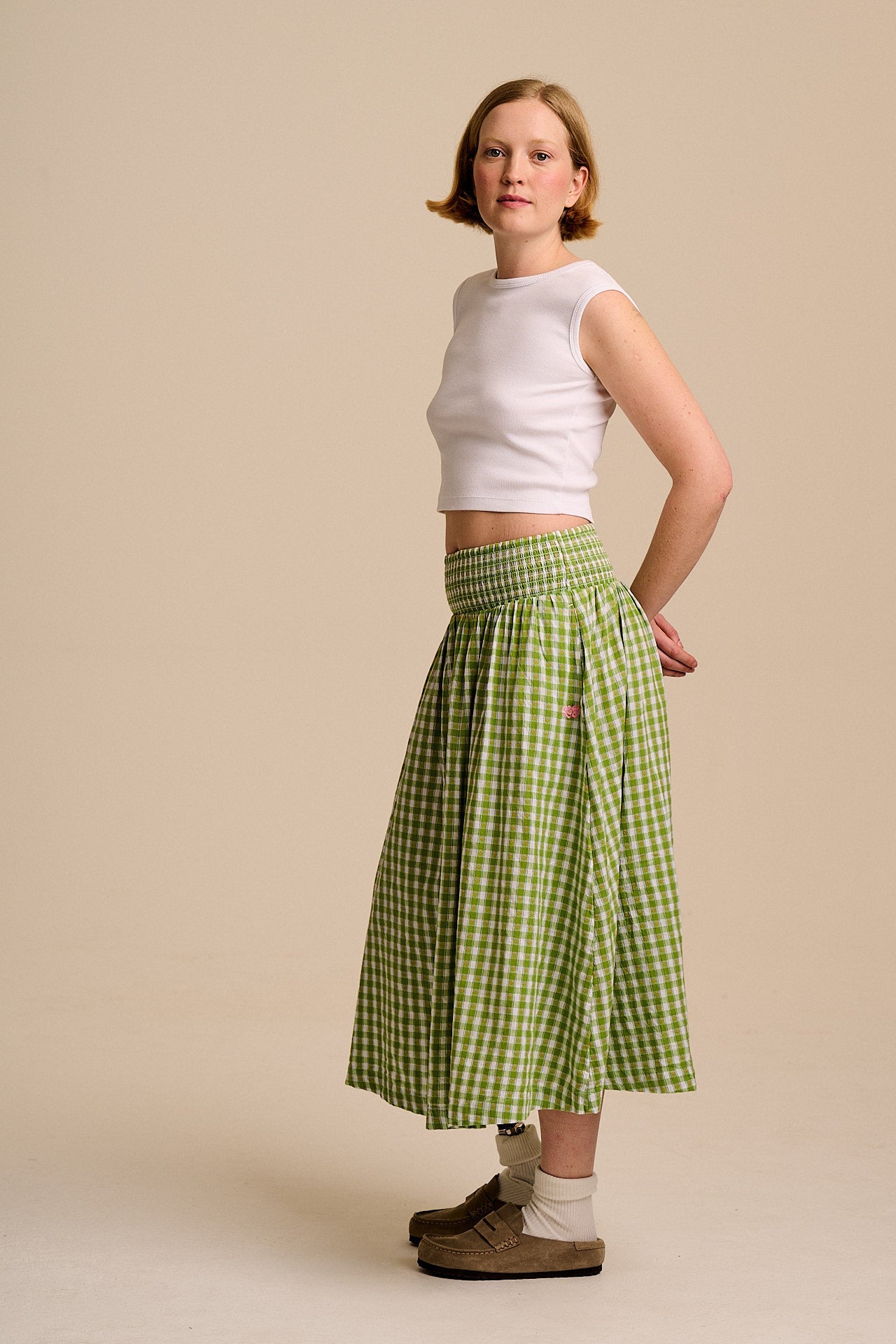 Sofiya - Midi Skirt in Green & White Tulip Gingham