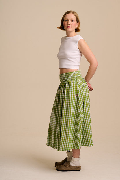 Sofiya - Midi Skirt in Green & White Tulip Gingham