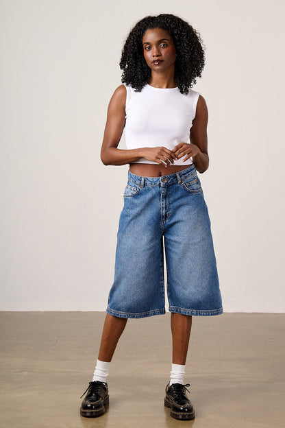 Sol - Denim Long Shorts in Vintage Wash