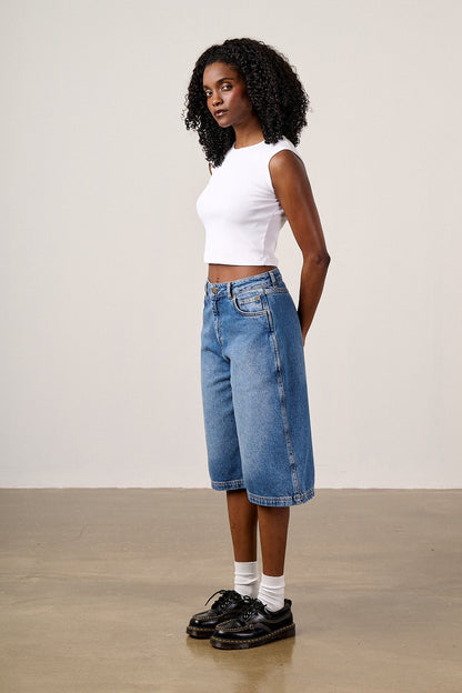 Sol - Denim Long Shorts in Vintage Wash