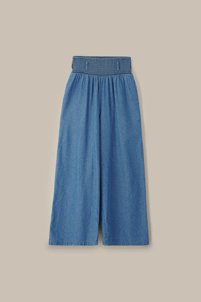 Alex - Wide Leg Cotton Trousers in Mid Wash Blue