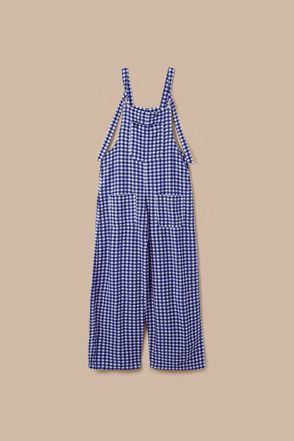 Arlo - Cotton & Viscose Wide Leg Dungarees in Blue Gingham Check