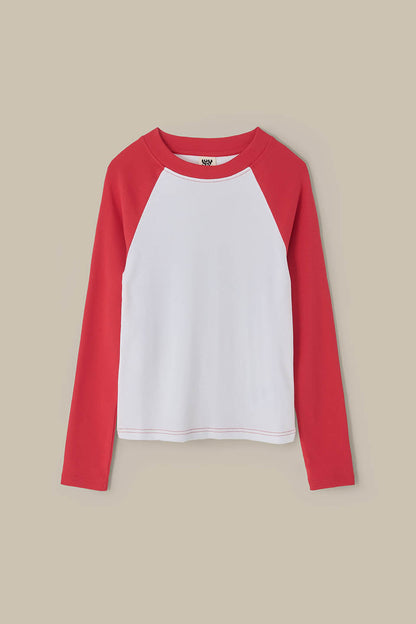 Avi - Long Sleeve Raglan Top in Red & White