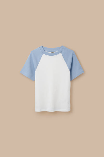 Azra - Cotton Short Sleeve Raglan Top in White & Blue
