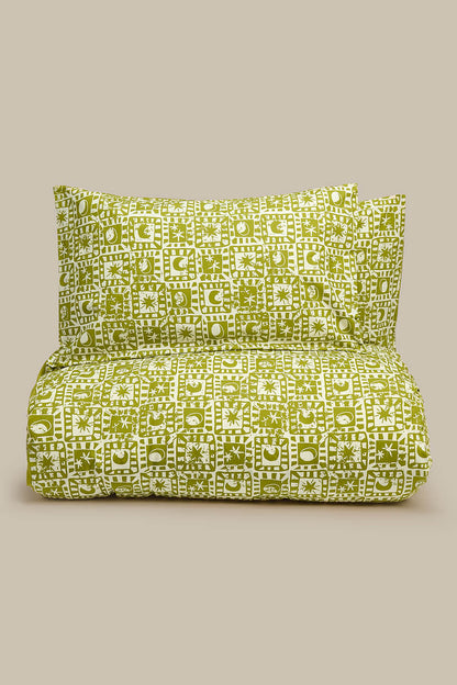 Yolanda - Soft Cotton Duvet Cover Set in Green Celestial Checkerboard