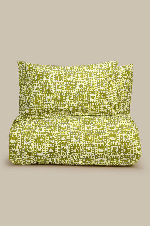 Yolanda - Soft Cotton Duvet Cover Set in Green Celestial Checkerboard
