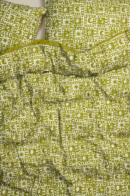 Yolanda - Soft Cotton Duvet Cover Set in Green Celestial Checkerboard