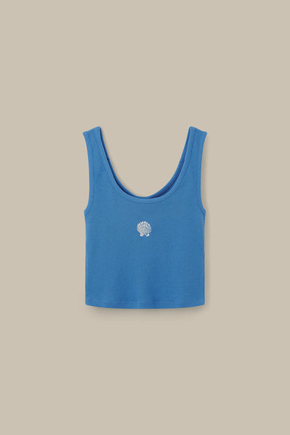 Eden - Cotton Ribbed Vest in Blue Shell Embroidery