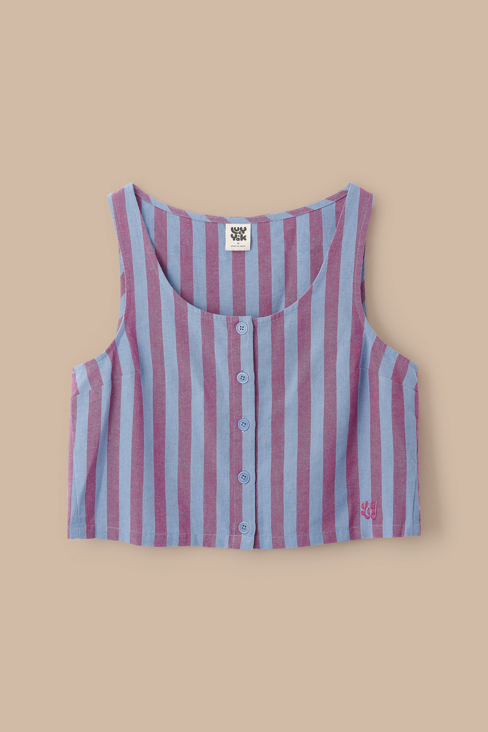 Etoile - Cotton Button Up Tank in Burgundy & Blue Stripe