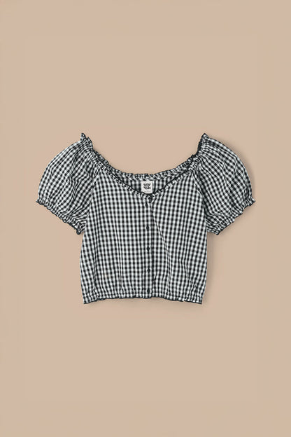 Sage - Cotton Puff Sleeve Blouse in Black & White Gingham