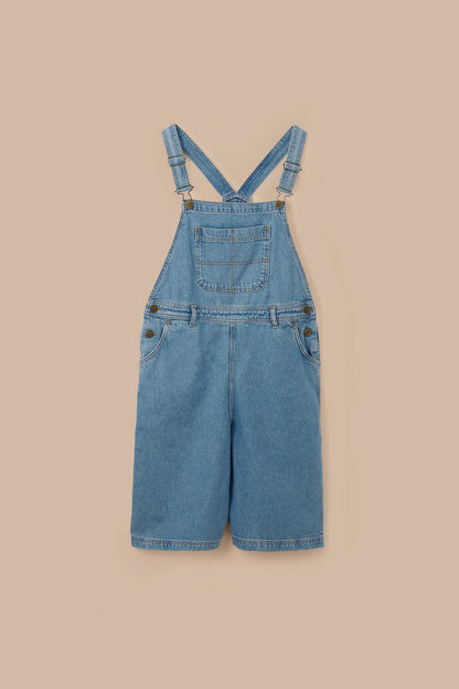 Jara - Denim Dungarees Shorts in Light Wash with Metal Clasps