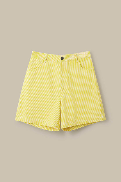 Lexi -  High Waist Cotton Shorts in Lemon Hickory Stripe
