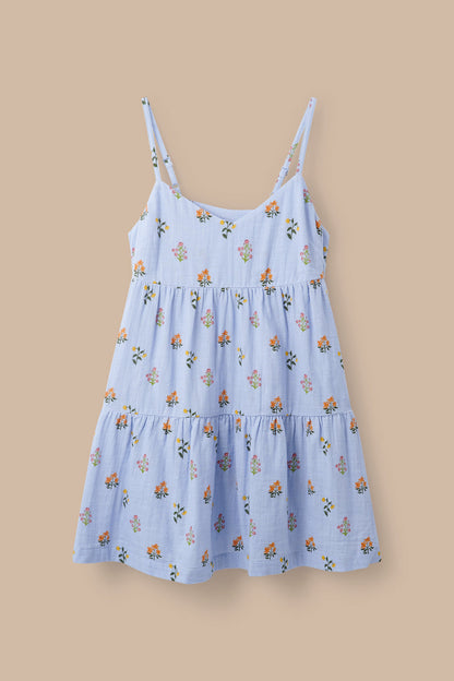 Mae - Cotton Mini Dress in Blue Walled Bloom