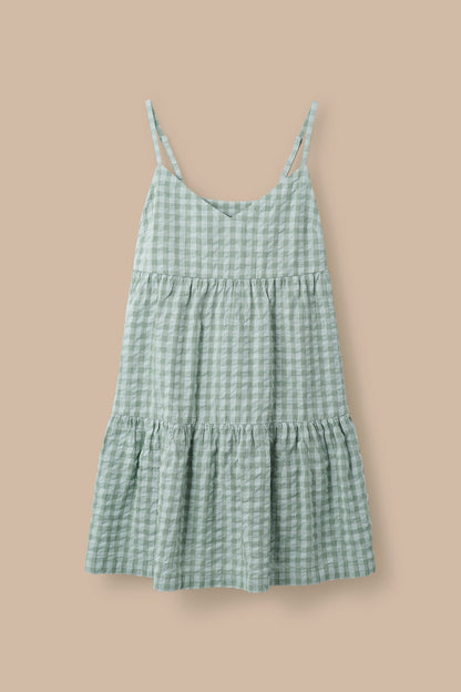 Mae - Cotton Mini Dress in Green Gingham