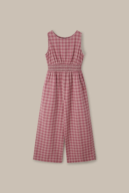 Simone - Cotton & Linen Jumpsuit in Maroon Deco Rose Check