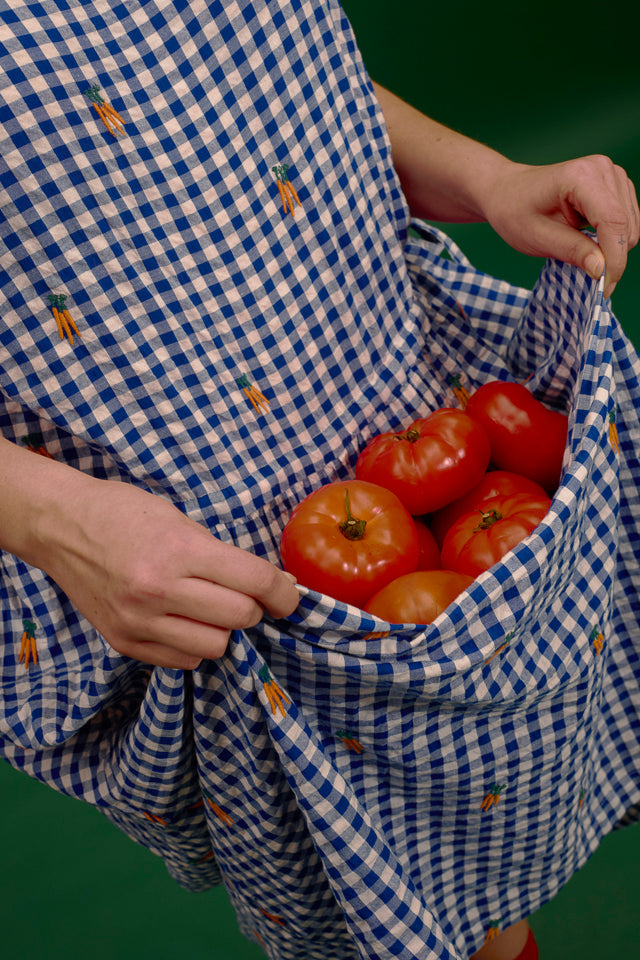 Sacha - Cotton Midi Dress in Gingham Carrot Embroidery