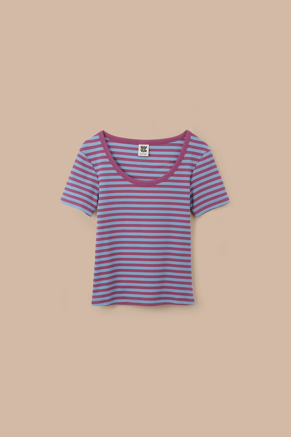 Vita - Ribbed Cotton Scoop Neck Short Sleeve T-Shirt in Blue & Burgundy Stripe