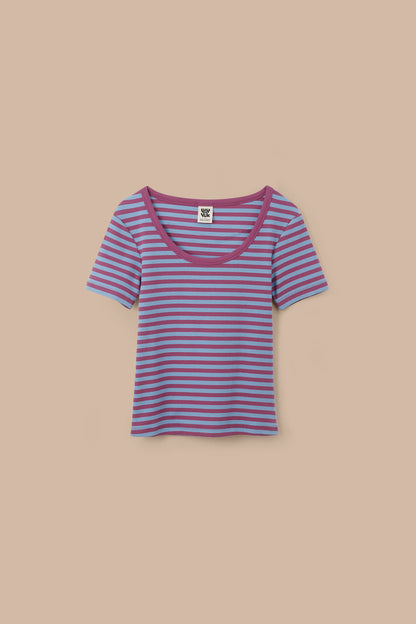 Vita - Ribbed Cotton Scoop Neck Short Sleeve T-Shirt in Blue & Burgundy Stripe