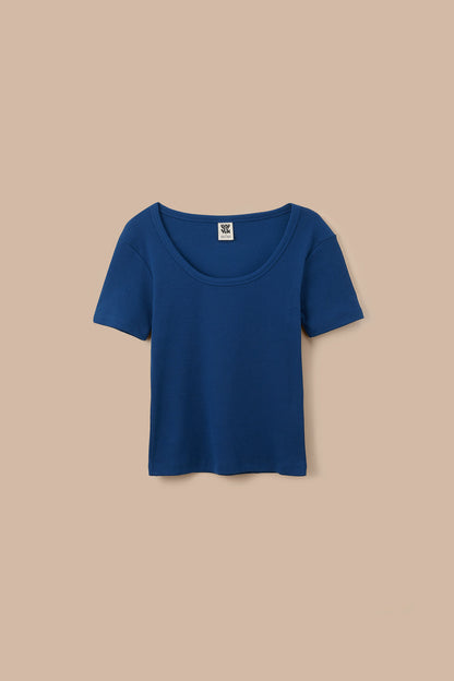 Vita - Ribbed Cotton Scoop Neck Short Sleeve T-Shirt in Navy