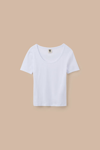 Vita - Ribbed Cotton Scoop Neck Short Sleeve T-Shirt in White