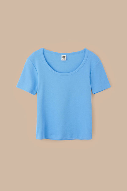Vita - Ribbed Cotton Scoop Neck Short Sleeve T-Shirt in Light Blue