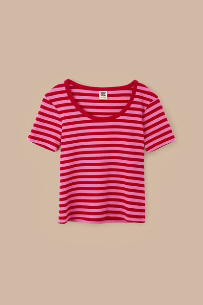 Vita - Ribbed Cotton Scoop Neck Short Sleeve T-Shirt in Red & Pink Stripe