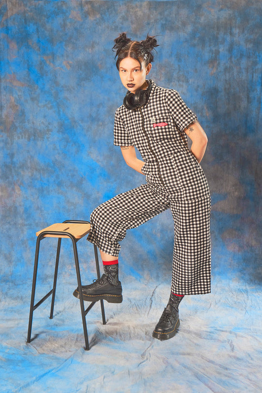 Ragan - Cotton Jumpsuit in Black & White Gingham Fish Embroidery