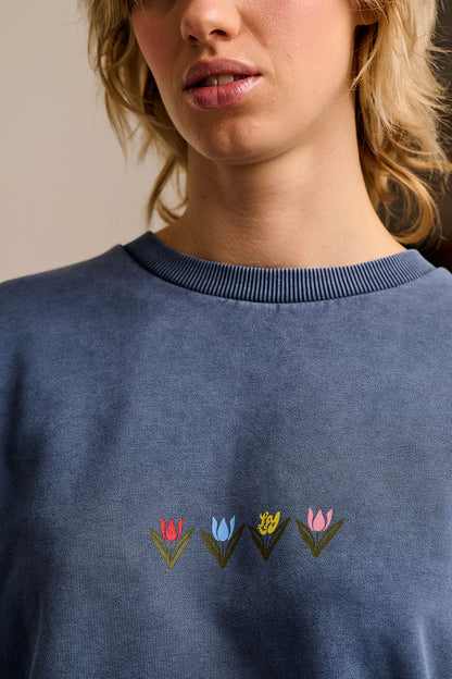 Sutton - Cotton Jersey Oversized Sweatshirt in Washed Navy Tulip Print
