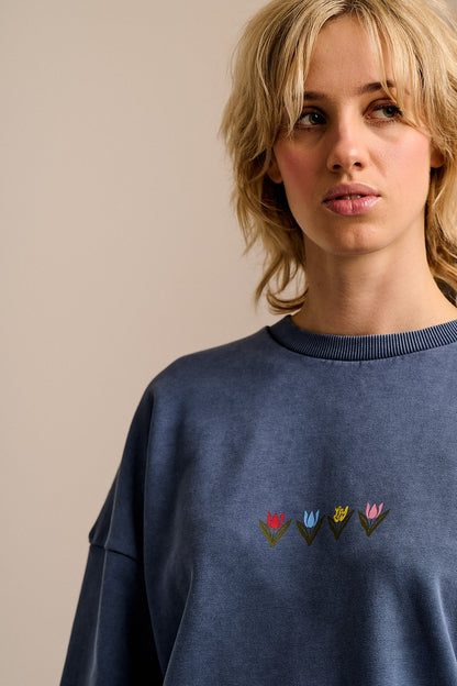 Sutton - Cotton Jersey Oversized Sweatshirt in Washed Navy Tulip Print