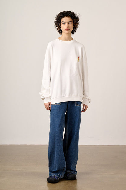 Sutton - Cotton Oversized Sweatshirt in Ecru Birds & Flower Tile