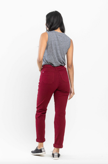 Judy Blue Pull-On Double Cuff Joggers - Scarlet
