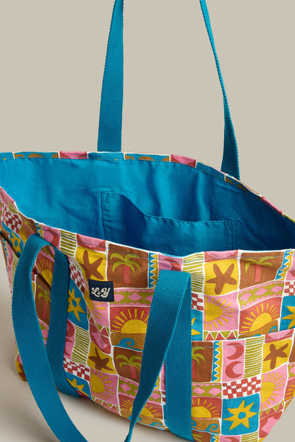Teo - Cotton Beach Bag in Coastal Tile